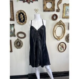 Solange Vintage Black Silk Satin Lace Trim Slip Chemise Size 18/20